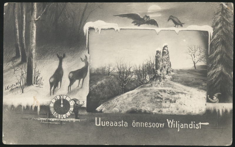 fotopostkaart, uueaastakaart, Viljandi, talvemaastik, kitsed, öökull, päkapikk, lossivaremed joonistusena, u 1920