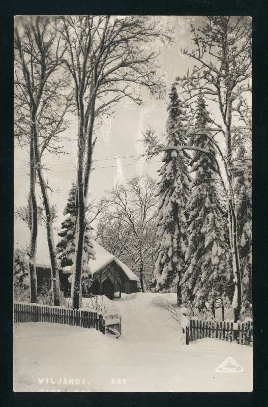 fotopostkaart, Viljandi, I Kirsimägi, vana mõisahoone (vana loss), u 1925 talv, foto J. Riet