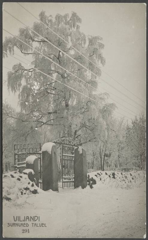 fotopostkaart, Viljandi, Vana kalmistu, värav, talv, u 1915, foto J. Riet?