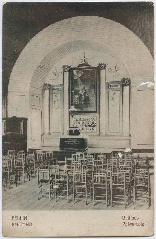 trükipostkaart, Viljandi, Tallinna tn- Uue tn nurk, Vennaste koguduse palvemaja, sisevaade, õrn koloreering, u 1912