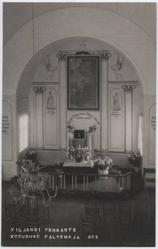 fotopostkaart, Viljandi, Tallinna tn- Uue tn nurk, Vennaste koguduse palvemaja, sisevaade, u 1925, foto J. Riet
