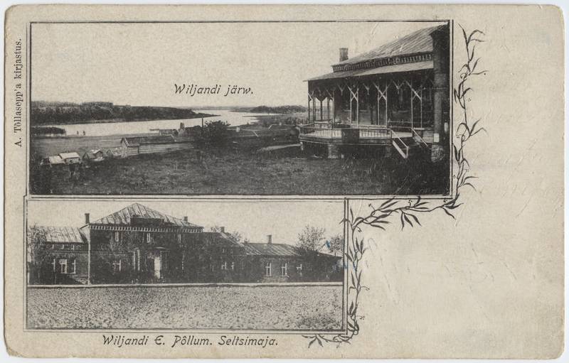 trükipostkaart, Viljandi, järv, VEPS-i maja, rõdu, fassaad, Jakobsoni tn 42, u 1903, kirjastus A. Tõllasepp