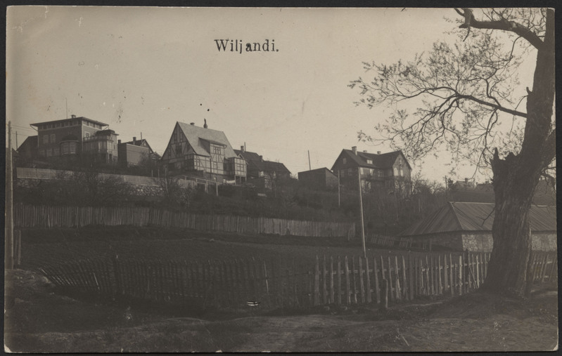 fotopostkaart, Viljandi, Trepimägi, vasakult Sellheimi ja Eiche maja (nr 1, 3), paremal Lorenzoni maja Roosi tn 6 u 1910