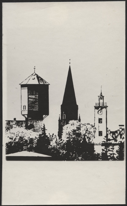 fotopostkaart, Viljandi, veetorn, Pauluse kirikutorn, tuletõrjetorn, u 1975, foto E. Veliste