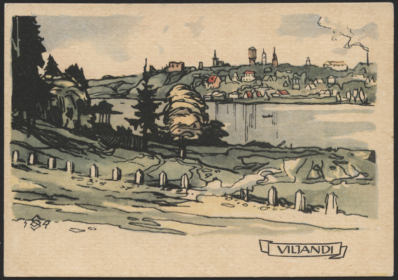 trükipostkaart, Viljandi, järv, linn, Mustla tee poolt, O. Soansi akvarell, värviline, 1959