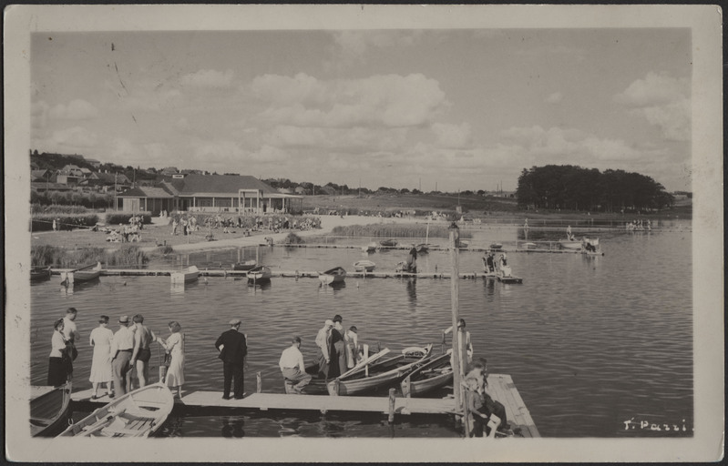 fotopostkaart, Viljandi, järv, paadisild, rand, suvitajad, taga rannarestoran, u 1935, foto T. Parri