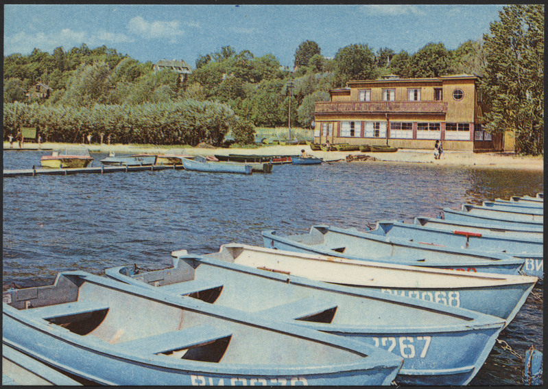 fotopostkaart, Viljandi, järv, paadisild 2 tk, turismibaas (endine rannakasiino), 1982, foto A. Mäemets