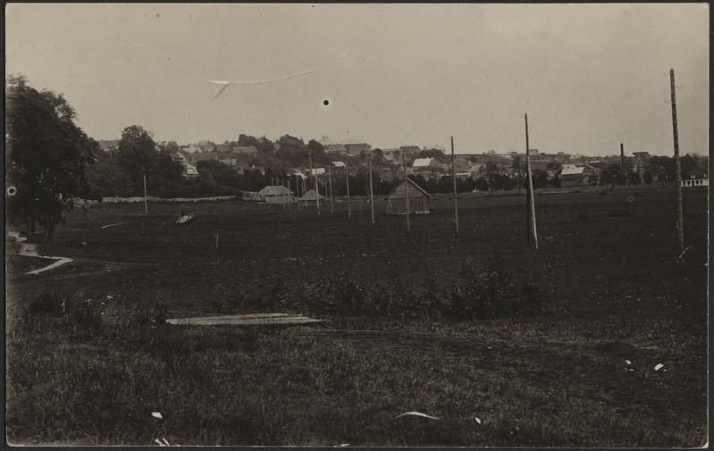 fotopostkaart, Viljandi, järveäärne heinamaa, elektriliin, elamud mäeveerul, u 1928
