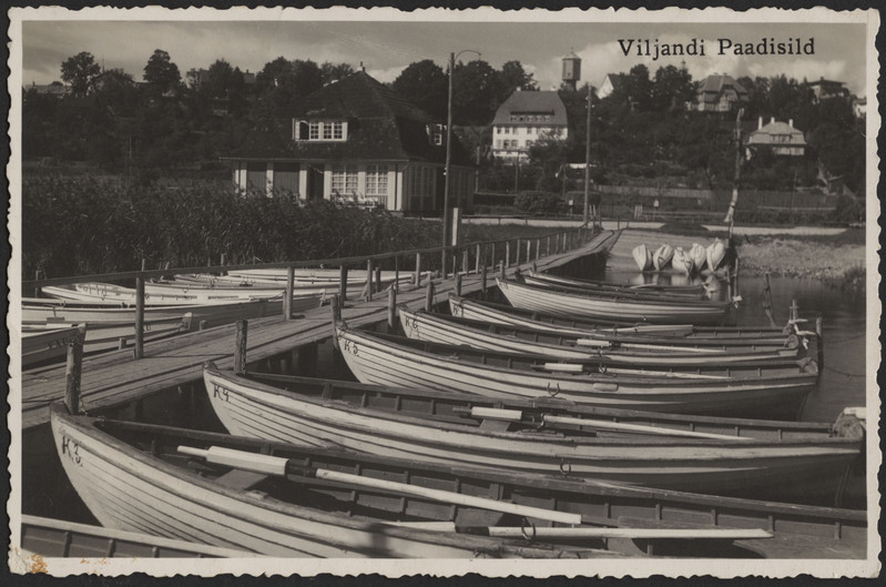 fotopostkaart, Viljandi, paadisild, spordiklubi, elamud mäeveerul, u 1935