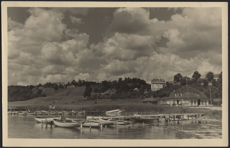 fotopostkaart, Viljandi, järv, paadisild 2 tk, spordiklubi, lossimäed, Rosenbergi maja, u 1930