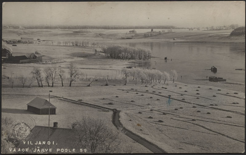 fotopostkaart, Viljandi, järveäärne heinamaa, järv, Viiratsi mägi, tuuleveski, talv, u 1915