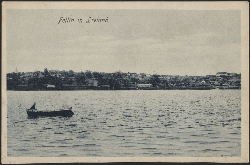 trükipostkaart, Viljandi, järv, paat, hooned mäeveerul, u 1905