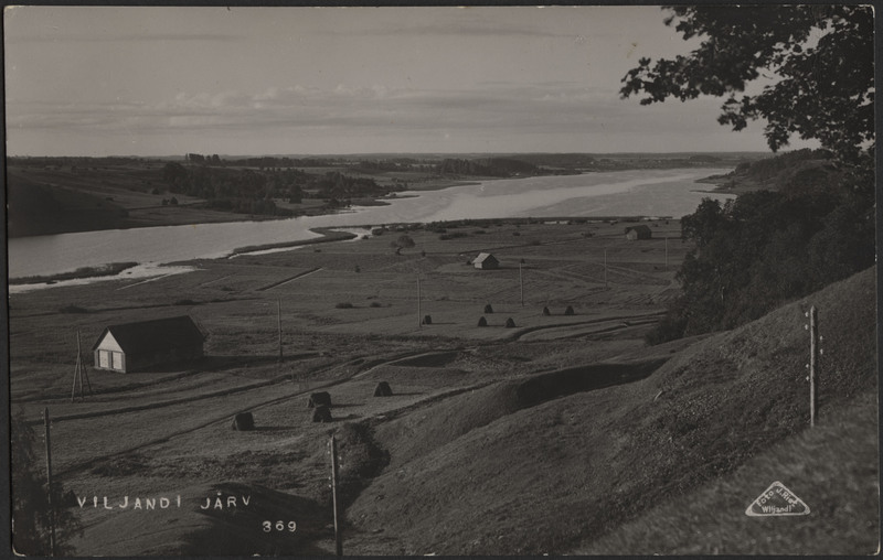 fotopostkaart, Viljandi, järveäärne heinamaa, rõugud, küünid, järv, vastaskallas, u 1920, foto J. Riet