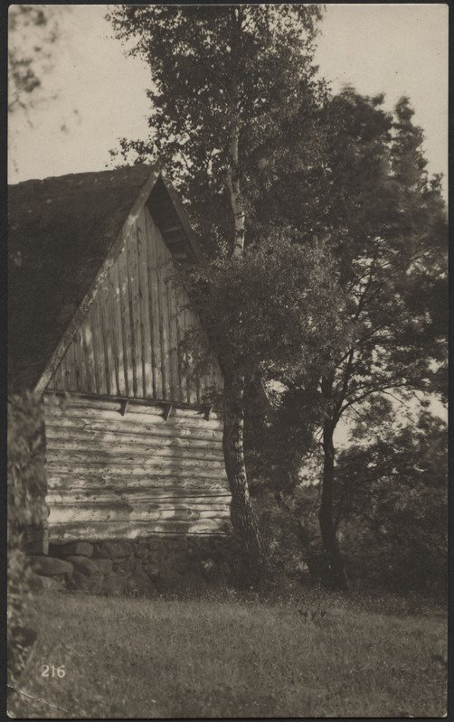 fotopostkaart, Viljandi, järve vastaskallas, küün'i otsasein, puud, u 1915, foto J. Riet