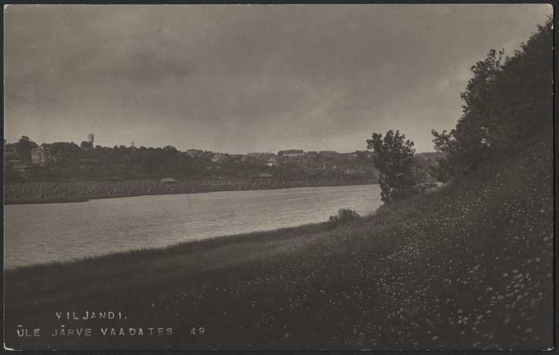fotopostkaart, Viljandi, vastaskallas, järv, heinamaa, rõugud, linna majad mäeveerul, u 1912, foto J. Riet