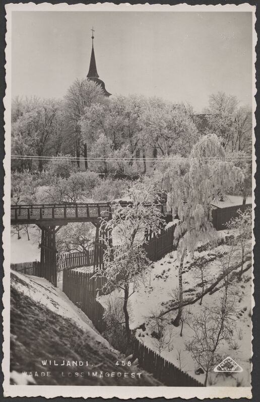 fotopostkaart, Viljandi, Varese sild, linnapoolne osa, org, Jaani kirik, järve poolt, talv, u 1935, foto J. Riet