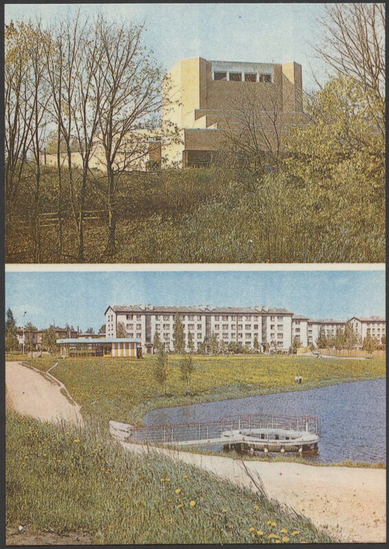 trükipostkaart, Viljandi, 2 vaadet, teater Ugala Vaksali tn poolt, Valuoja paisjärv, neljakordsed elamud, klaaspaviljon Suvi, värviline, 1982, foto A. Mäemets