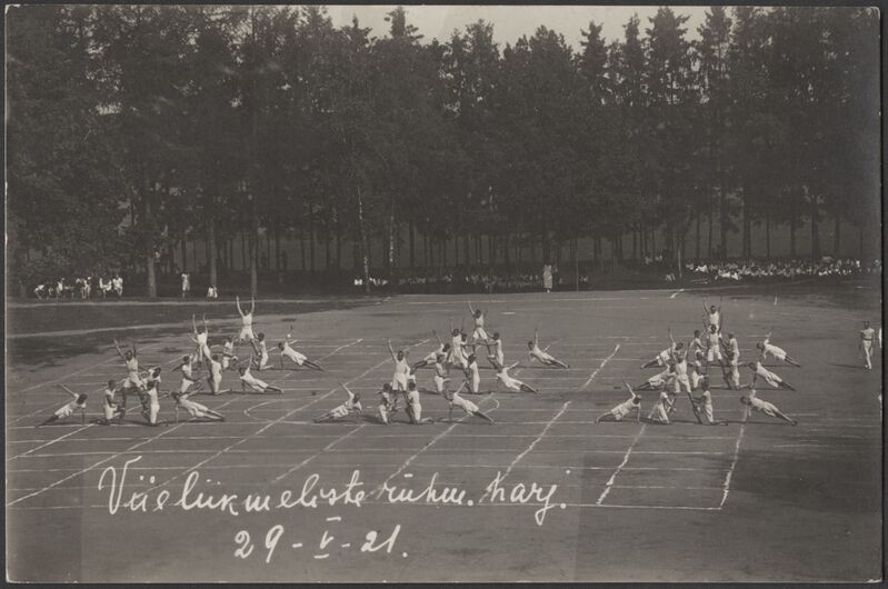 fotopostkaart, Viljandi, koolipark, võimlemispidu, etteaste, 5-liikmelised poiste rühmad, 29.05.1921