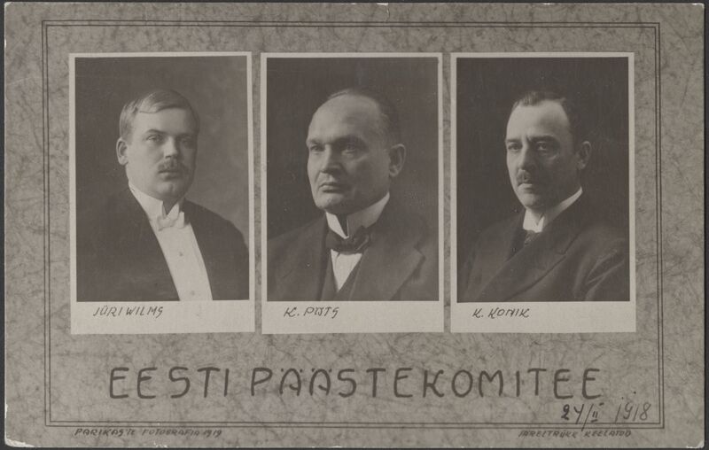 fotopostkaart, Eesti Päästekomitee liikmed, J. Vilms, K. Päts, K. Konik, 1919, foto J. & P. Parikas (Tallinn)