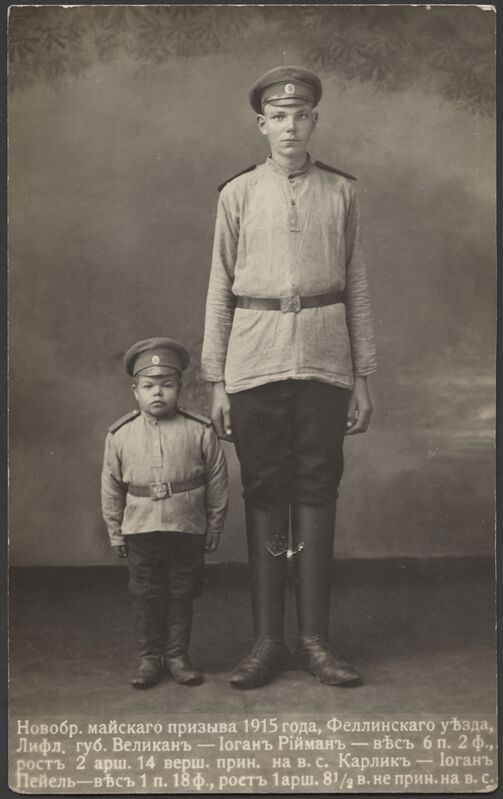 fotopostkaart, Viljandi, pikim ja lühim kutsealune, Juhan Riimann ja Juhan Peiel, 1915