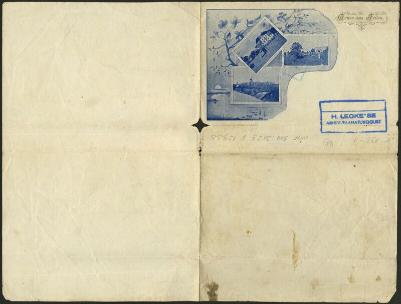 kirjaümbrik- kirjapaber, Viljandi, 3 vaadet, u 1915, H. Leokese arhiiv-raamatukogust