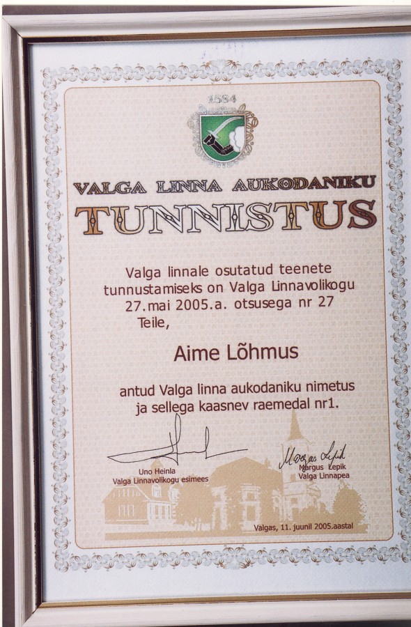 Valga linna aukodaniku tunnistus Aime Lõhmuse nimele