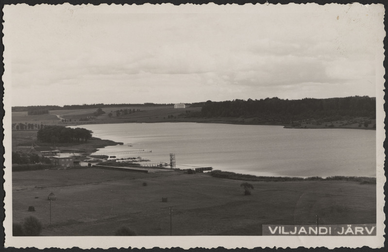 fotopostkaart, Viljandi, rand, järv, taga Viiratsi, kus näha lastekodu maja, u 1940, foto M. Teng?