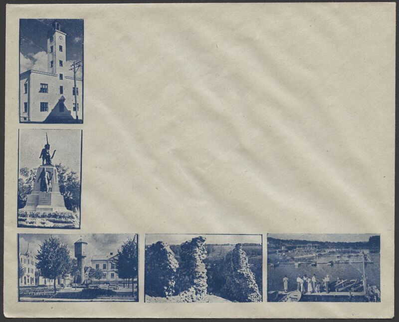 kirjaümbrik, Viljandi, 5 vaadet, raekoda, Vabadussammas, Laidoneri plats, veetorn, lossimägede müürid, järv, suvitajad, u 1938