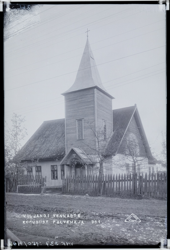 fotonegatiiv,  Viljandi, Tallinna ja Uus tn nurk, vennaste kogudus, palvemaja välisvaade u 1925 foto J. Riet
