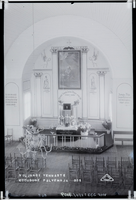 fotonegatiiv,  Viljandi, Tallinna ja Uus tn nurk, vennaste kogudus, palvemaja sisevaade, u 1923, foto J. Riet