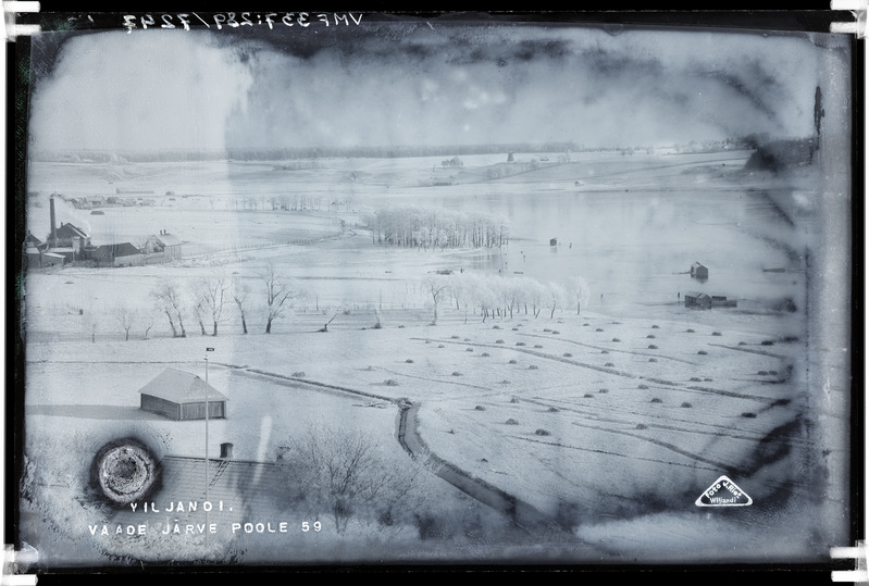 fotonegatiiv, Viljandi järv, heinamaa, auruveski, talv, u 1920, foto J. Riet