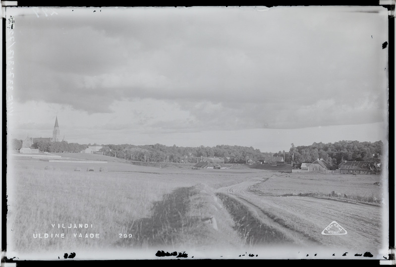 fotonegatiiv, Viljandi, ees Reinu tee, taga vasakul Pauluse kirik, u 1924, foto J. Riet