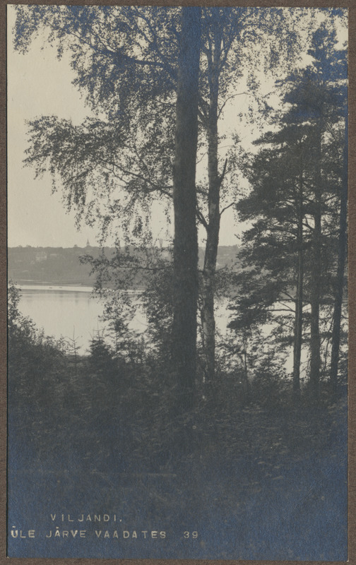 foto albumis, Viljandi, linn järve vastaskaldalt (veetorn, Jaani kiriku torn), u 1920, foto J. Riet
