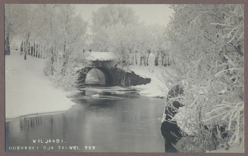 foto albumis, Viljandi, Uueveski oja talvel, sild, u 1920, foto J. Riet