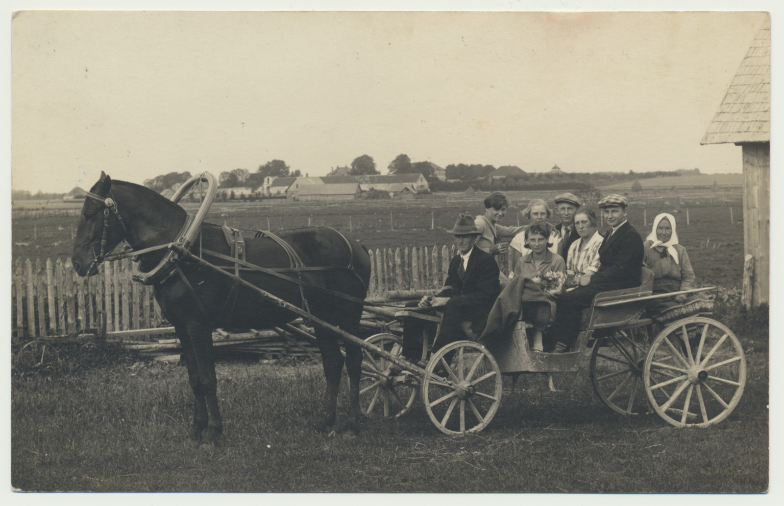 foto, Viljandimaa, Kõo, vaade, ees hobukaarik, inimesed, 1929, foto Jaan Kalju