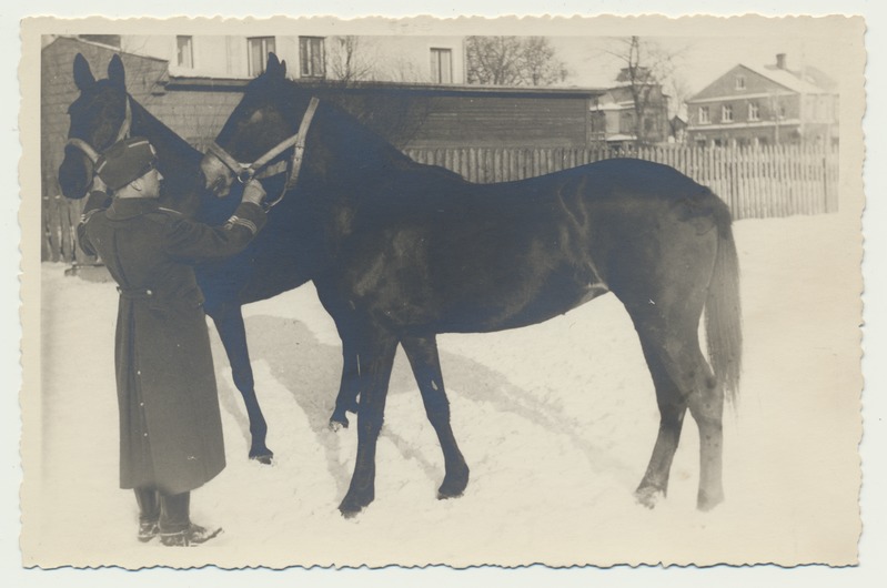 foto, Tartu, Puiestee tn (ristum Narva mnt), sõjaväelane A. Kahu, 2 hobust, talv, 1940