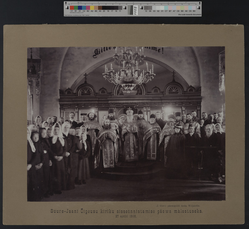 foto papil, Suure-Jaani õigeusukiriku sisseõnnistamine, sisevaade, sh M. Pihlak, 1908, foto J. Riet
