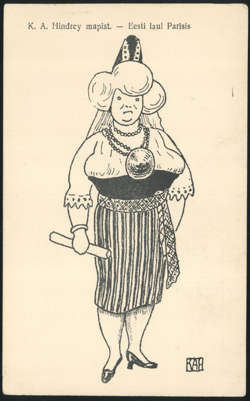 trükipostkaart, Aino Tamm, täisportree, muusik, K. A. Hindrey karikatuur, u 1925