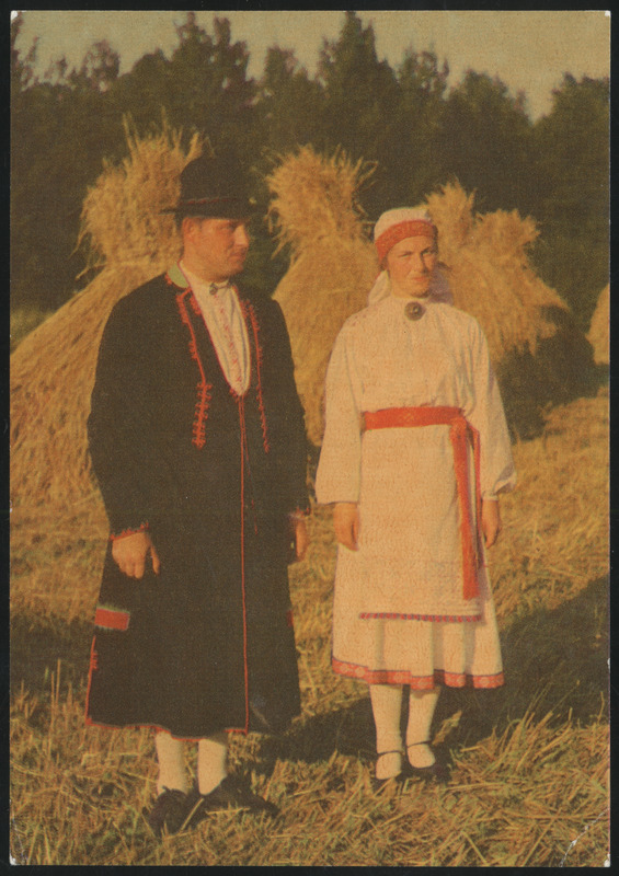 fotopostkaart, Tarvastu khk,  Tarvastu rahvariided, mees ja naine, viljapõld, värviline, 1969, kirjastus "Eesti Raamat", foto A. Reinsalu