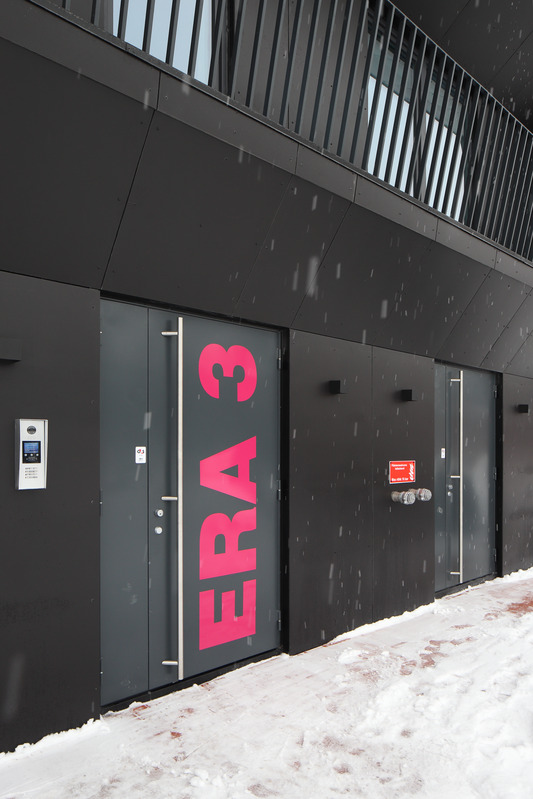 Tartu Riia kvartal: terrasselamu Era 3, lähivaade sissepääsule. Salto AB
