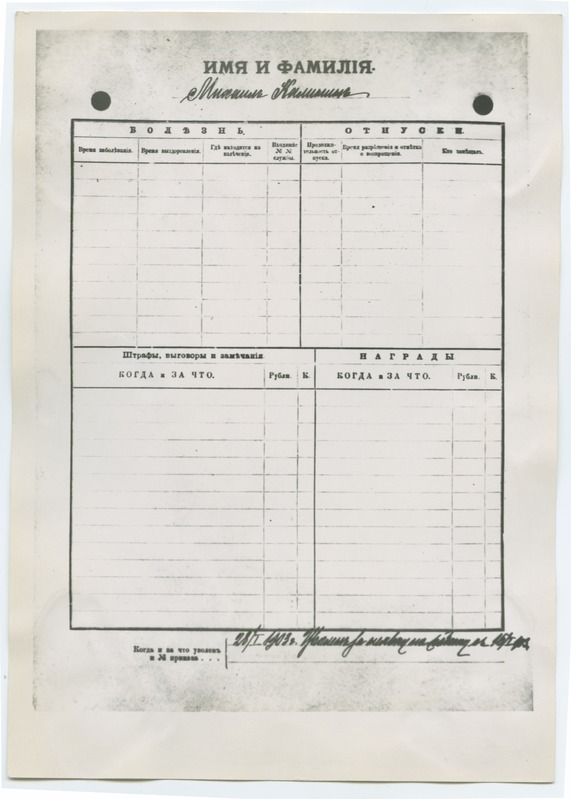 M.J.Kalinini töölismatrikkel, välja antud 28.01.1903.