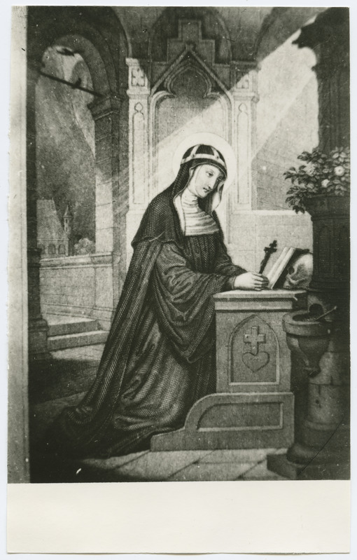 Püha Birgitta põlvitamas altari ees, fotokoopia maalist.