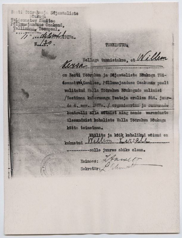 Eesti TS NTK Põllumajandus osakonna tunnistus, välja antud Willem Kersale 1917. aastal.