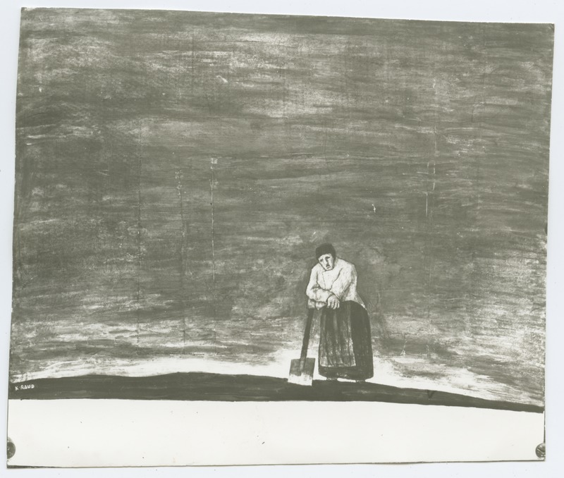 K. Raud, naisfiguur toetumas labidale, söejoonistus 1930-ndatest aastatest.