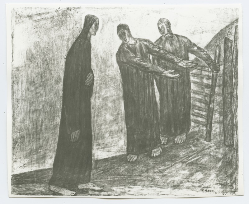 K. Raud, kompositsioon kolme naisega talu värava ees, 1930. aastast.