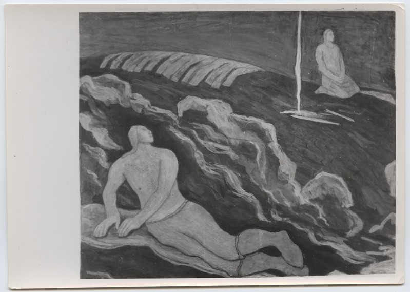 Fotoreproduktsioon K. Raud "Kalevipoeg ja Saarepiiga"- Kevadnäitus 1943. aastal.