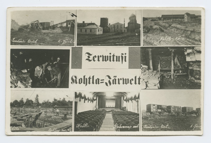 Postkaart "Tervitusi Kohtla-Järvelt" - esiküljel 8 väikest kaevanduse vaadet.