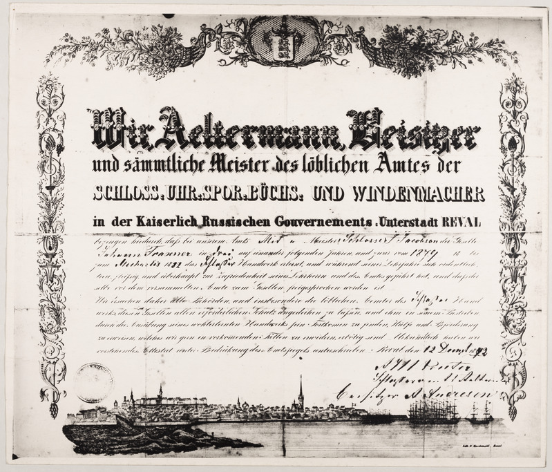 Lukkseppade ameti sellitunnistus Johann Traxneri nimele, 12.12.1882.
