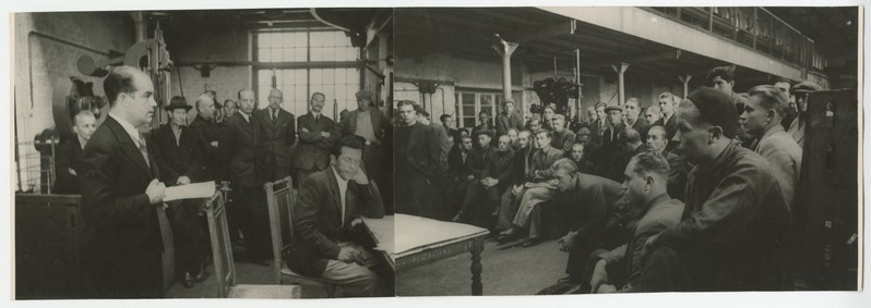 Miiting tehases "Volta" 1940. aastal, kõnega esineb sms. Uibo.