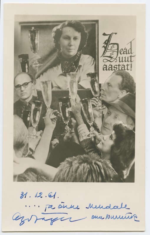Pühadekaart. Vasakult Leemet Nurmik, Menda Kirsmaa, Ago Jõger, skulptor Herman Halliste